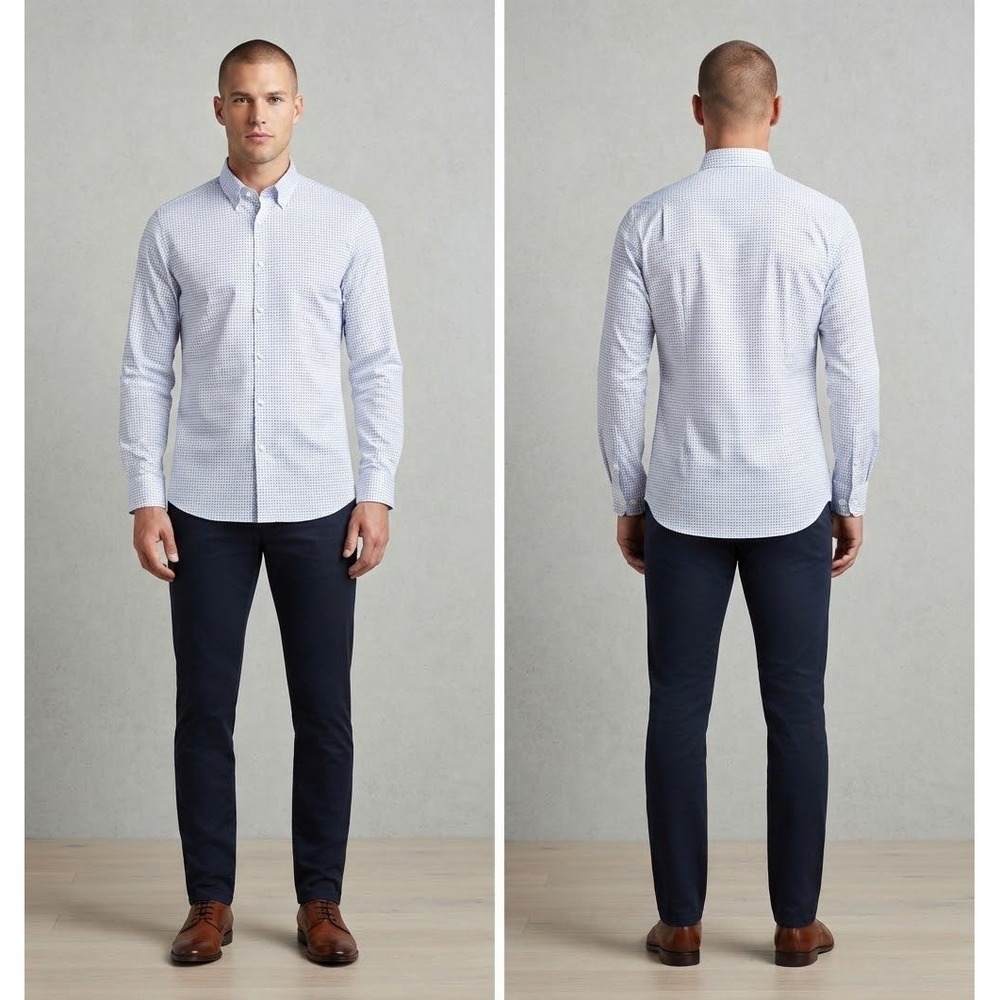 Neiman Marcus Mens Trim Fit  White Blue Geometric Diamond Dress Shirt 16 32/33
